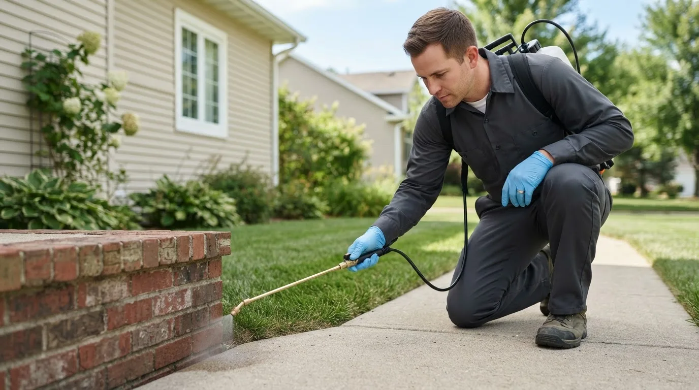 Pest control technician treating a home near Linneus, MO