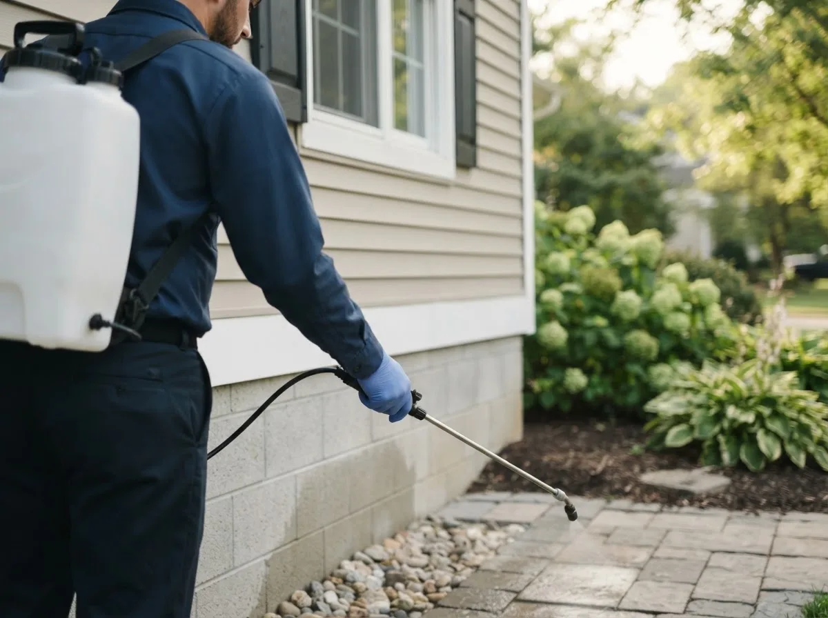 Pest control technician inspecting a home in Linneus, MO